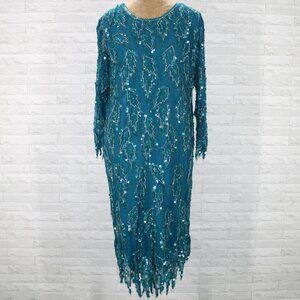 VINTAGE SCALA Dress Sequin Silk Formal Asymmetrical Hem Beaded Abstract Green L